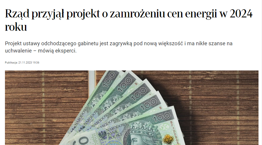 Komentarz mec. Kacpra Skalskiego dla Rzeczpospolita dotyczący projektu ustawy o zamrożeniu cen energii na rok 2024