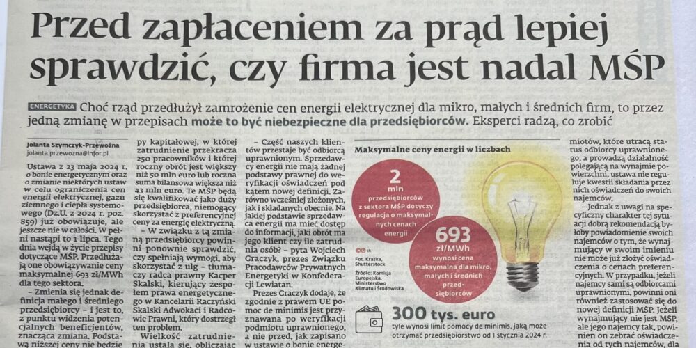 Ekspercki komentarz radcy prawnego Kacpra Skalskiego dla Dziennik Gazeta Prawna w sprawie zamrożenia cen energii