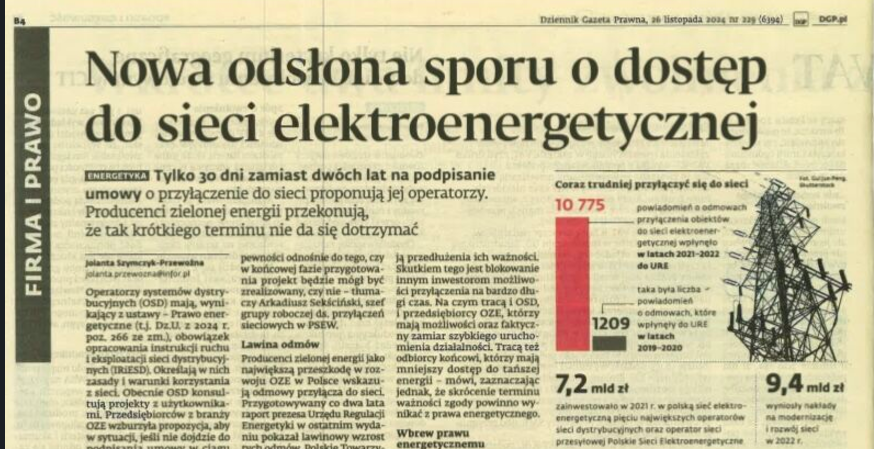 Komentarz Kacpra Skalskiego dla Dziennik Gazeta Prawna w sprawie pomysłu OSD na skrócenie terminu na zawarcie umowy przyłączeniowej. 