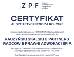 Kancelaria Raczyński Skalski & Partners otrzymała Certfikat Audytu Etycznego ZPF
